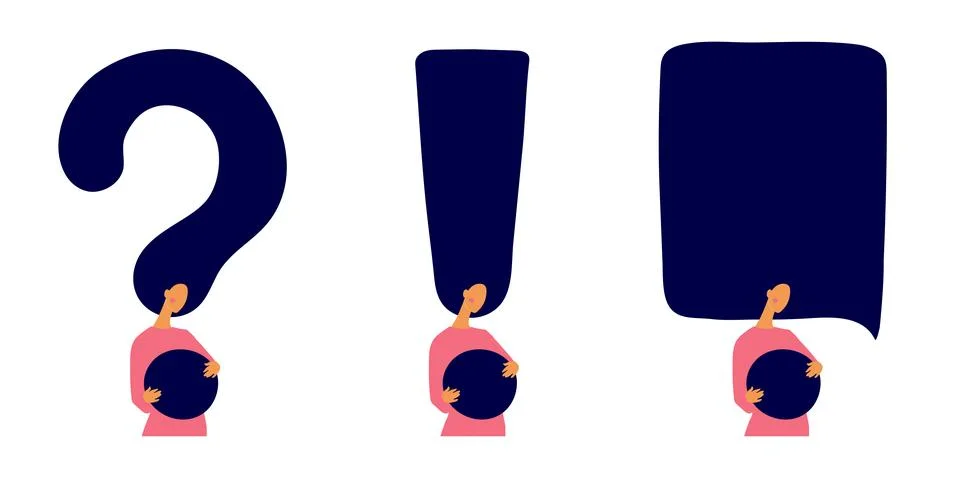 Exclamation mark, question mark and girl, speech bubble. Flat design for Stock Illustration