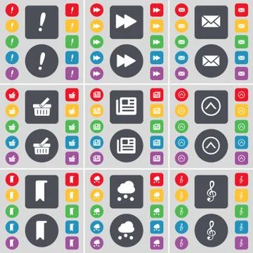 Exclamation mark, Rewind, Message, Basket, Newspaper, Arrow up, Marker, Cloud, C Stock Illustration