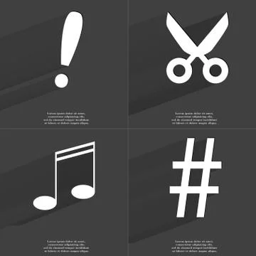 Exclamation mark, Scissors, Note sign, Number sign. Symbols with long shadow. Fl Stock Illustration