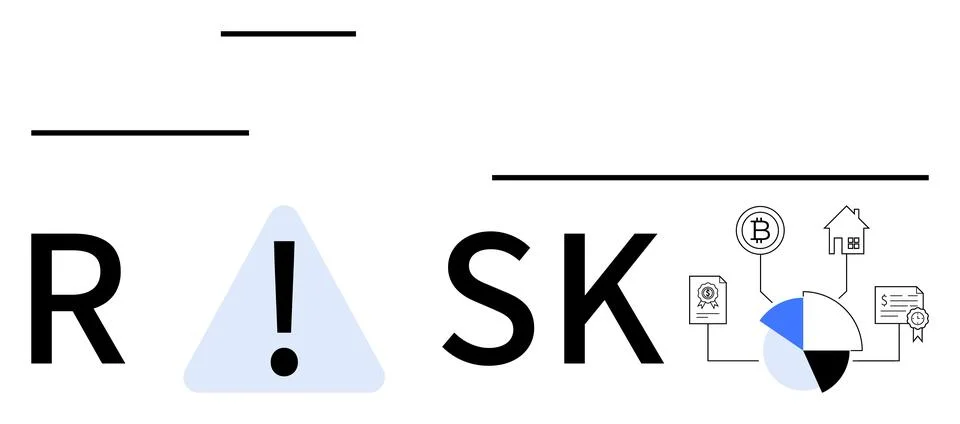 Exclamation mark in a triangle between letters R and SK, chart, bitcoin, cert Stock Illustration