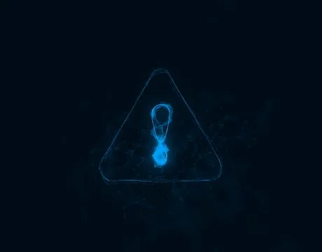 Exclamation mark in triangle icon with plexus effect. Connected lines with dots 스톡 일러스트