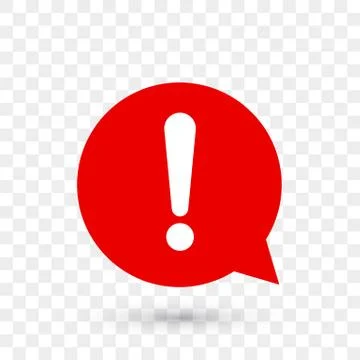 Exclamation mark for warning or attention vector icon in red chat bubble with Illustrazione stock