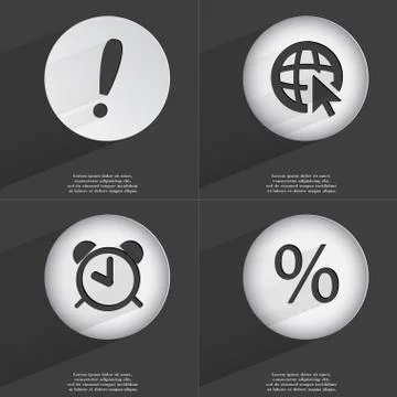 Exclamation mark, Web with cursor, Alarm clock, Percent icon sign. Set of button Stock-Illustration