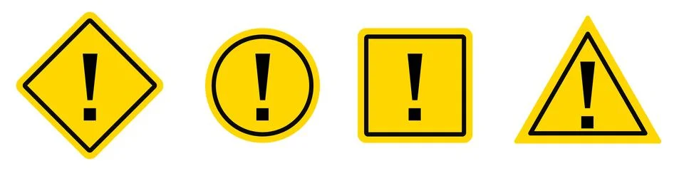 Exclamation mark in yellow square, circle, triangle and rhombus with shadow.. Stock Illustration