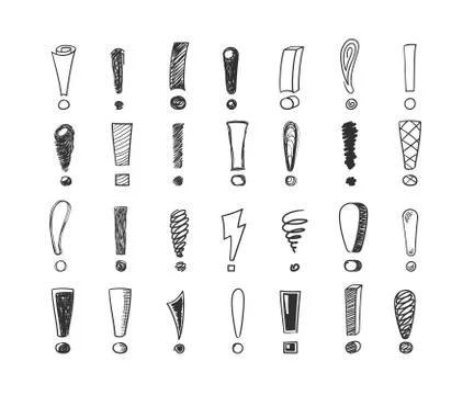 Exclamation marks handdrawn sketch set. Lightning idea swirling and in form Stock Illustration