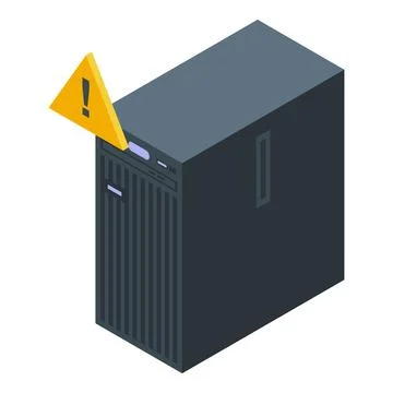 Exclamation point alerting of server failure on computer tower Illustrazione stock