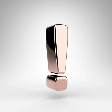 Exclamation point symbol on white background. Rose gold 3D sign with gloss ch Illustrazione stock