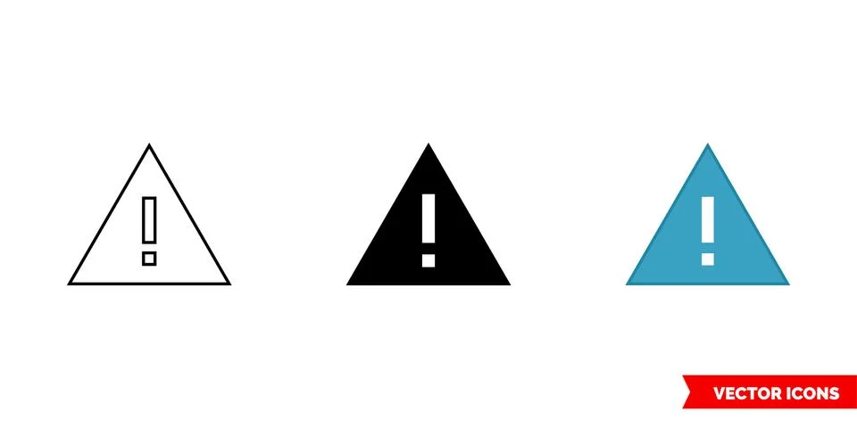 Exclamation point in triangle icon of 3 types color, black and white, outline Stock Illustration