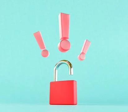 Exclamation points levitating over lock in blue studio. 3d render Stock Illustration