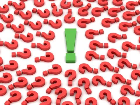 Exclamation sign surrounded by question marks. Concept 3D illustration. Stock Illustration