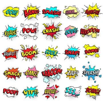 Exclamation texting comic signs on speech bubbles. Cartoon crash, pow, bomb.. Stock Illustration