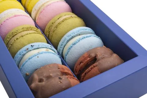 Exclusive macaroons in blue box isolated on the white Stock Photos