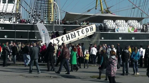 Excursion for all comers at tall ship Kruzenshtern Stock-Footage 42366852