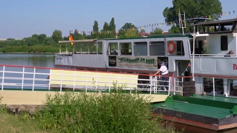 The excursion boat Bastei with gray-haired pensioners before departing from.. Stock Footage 244829997