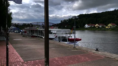 Excursion boat floats on the river Weser Stock Footage 169111328