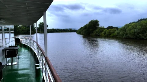 Excursion boat floats on the river Weser Video stock 169111372