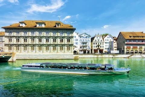 Excursion boat at Old Town Hall in River Limmat Zurich Stock Photos