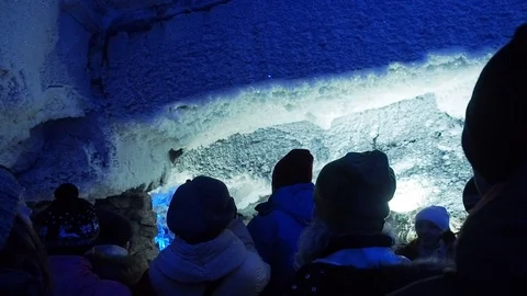 Excursion into dark ice cave in winter. Tourism in Russia, speleology concept Vídeos de archivo 107600656