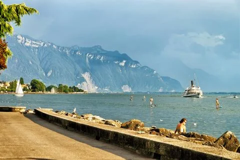 Excursion ferry and peope at Geneva Lake in Vevey Switzerland Stock Photos