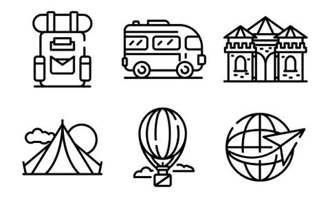Excursion icons set, outline style Stock Illustration