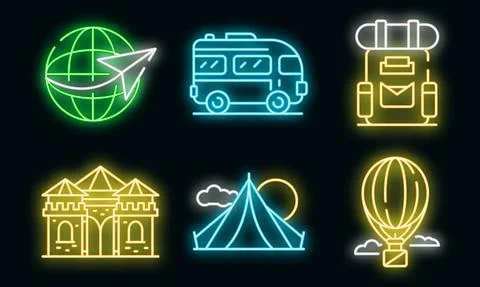 Excursion icons set vector neon Stock Illustration