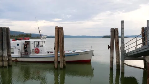 Excursion Motor Boat Arrives and Docks at the Pier on the Lake Stock Footage 244815636