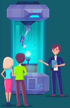 Excursion in scientific laboratory. Study of atomic structure in machinery Stock Illustration
