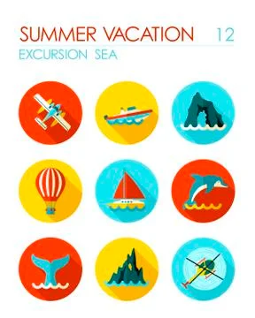 Excursion sea flat icon set. Summer. Vacation Illustrazione stock
