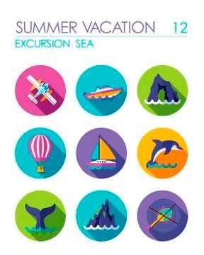 Excursion sea flat icon set. Summer. Vacation Stock Illustration