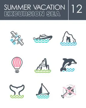 Excursion sea icon set. Summer. Vacation Stock Illustration