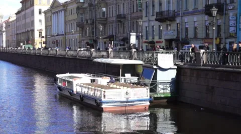 Excursion ship parked at Griboyedov Channel quay, St. Petersburg Stock Footage 41735010