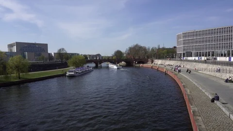 Excursion Ships Floating Under Bridge On Spree River Berlin Germany Spring Day Stock-Footage 89159955