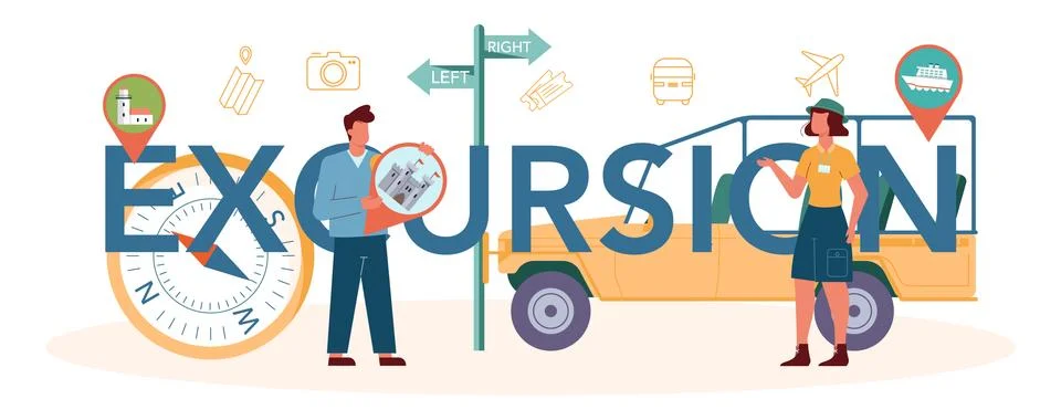 Excursion typographic header. Tourists listening to the history Stock Illustration