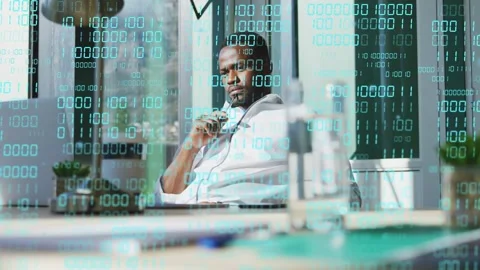 Exec in office shifting reclined to upright, thinking with pen at chin, binary Stock Footage 333657208