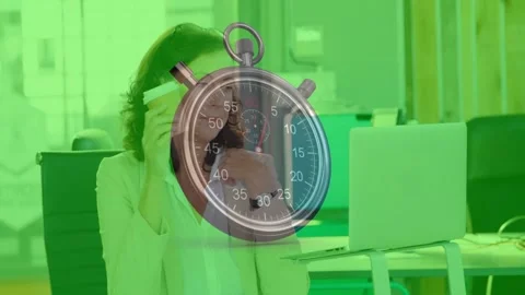 Exec raising hand, lifting cup, using laptop while faint timer over scene timing Stock Footage 328345000
