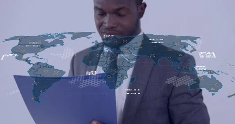Exec scanning blue folder, causing global map overlay growing data icons, Stock Footage 333829920