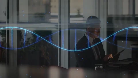 Exec tapping tablet and starting tech helix sweeping scene as checking data, Stock Footage 332289600