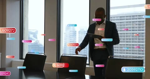 Exec tapping tablet, causing AR badges and numbers while pulling chair and Stock Footage 321070553