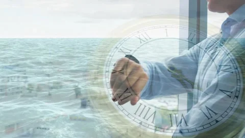Exec uncrossing arms and checking watch by window facing ocean, clock overlay Stock-Footage 328330211