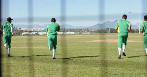 Executing fist bump near fence, five male baseball players jogging toward Stock Footage 340968484