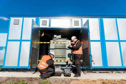 Execution of electrical measuring works on the power transformer Stock Photos