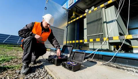 Execution of electrical measuring works on the power transformer Stock Photos
