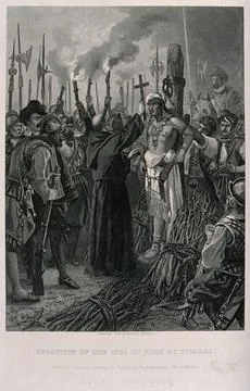 The execution of the Inca Emperor Atahuallpa on the stake, ordered by Pizar.. Illustrazione stock