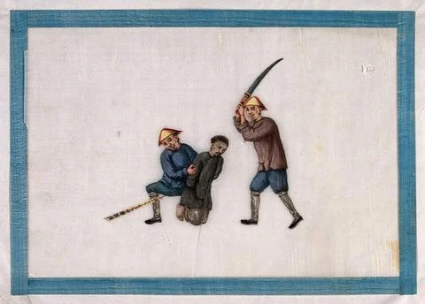 The execution by sword of a Chinese man. Gouache painting by a Chinese arti.. Illustrazione stock