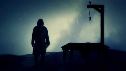 Executioner and the Gallows Under Rain Stock Footage 72596772