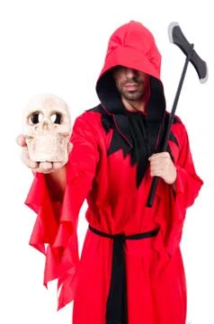 Executioner in red costume with axe on white Stock Photos