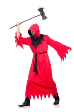 Executioner in red costume with axe on white Stock Photos