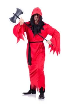 Executioner in red costume with axe on white Stock Photos