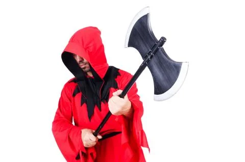 Executioner in red costume with axe on white Stock Photos