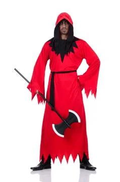 Executioner in red costume with axe on white Stock Photos